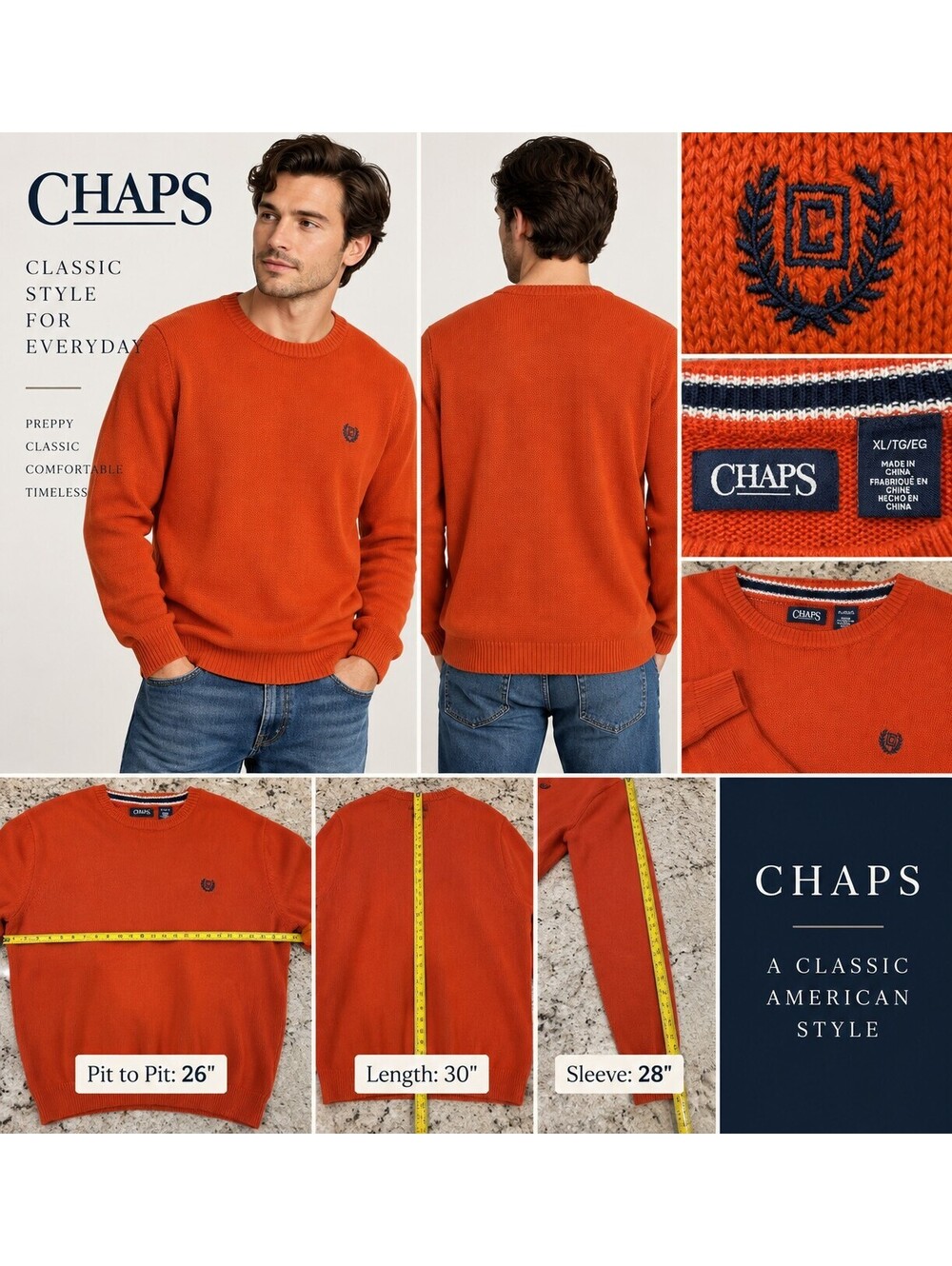 CHAPS Men’s XL Orange Crewneck Knit Sweater Embroidered Crest Preppy